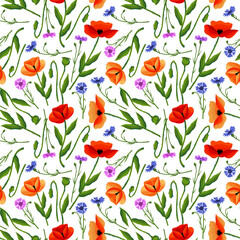 Seamless pattern with wild flowers. Vector illustration with poppies and cornflowers. Floral print for fabric, wallpaper, wrapping paper