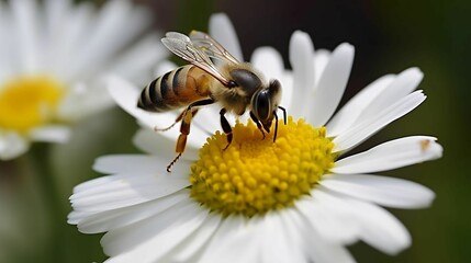 A close-up of a bee collecting nectar from a flower in a garden. 
