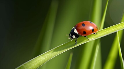 A close-up of a ladybug perched on a blade of grass.