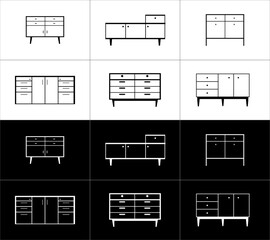 Furniture icons set on black and white background. Cabinets