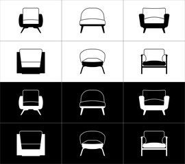 Armchair icons set. Vector illustration. Black and white colors.