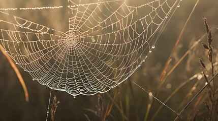 A close-up of a spider's web, with dew drops sparkling in the morning sun. 