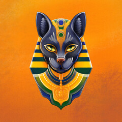 Bastet goddes. Cat wearing pharaoh's headdress in the style of digital airbrushing