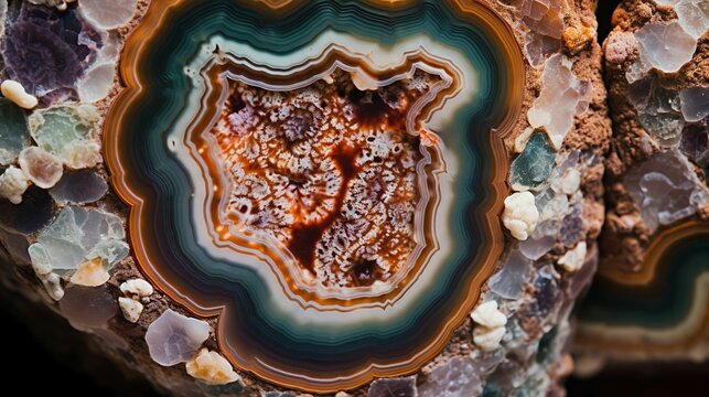 A close-up of a geode, revealing the intricate patterns and colors of its crystal formations.