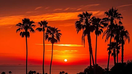 Foto op Canvas A fiery red and orange sunset over the ocean, with palm trees silhouetted against the sky. © Valentin
