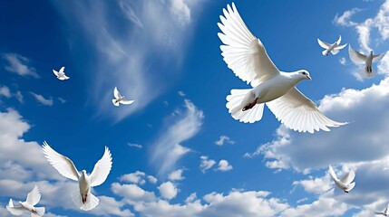 A flock of white doves in flight against a bright blue sky.