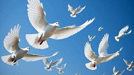 A flock of white doves in flight against a bright blue sky.