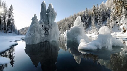 A frozen lake with jagged ice formations, surrounded by snow-covered trees.