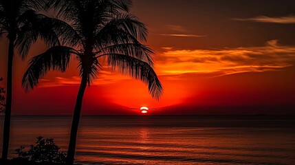 A fiery red and orange sunset over the ocean, with palm trees silhouetted against the sky.