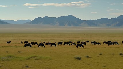 Fototapeta na wymiar A herd of grazing wild horses on a vast plain, with mountains in the distance.