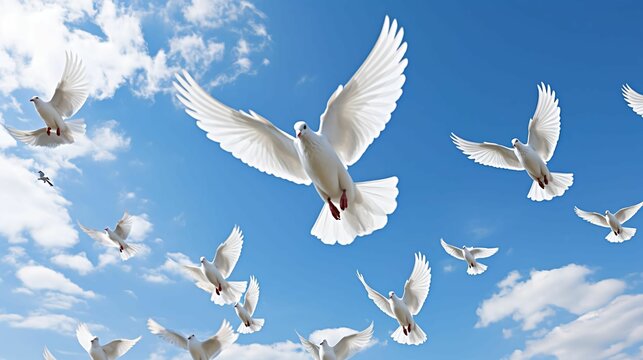 A flock of white doves in flight against a bright blue sky.