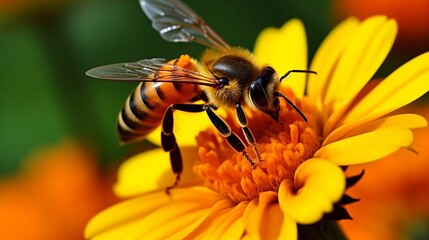 A close-up of a bee collecting nectar from a flower in a garden. 