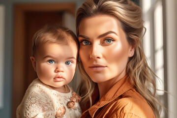 Generative AI image portrait of mother with long blond hair holding adorable baby daughter in sweater while standing in light room and looking at camera