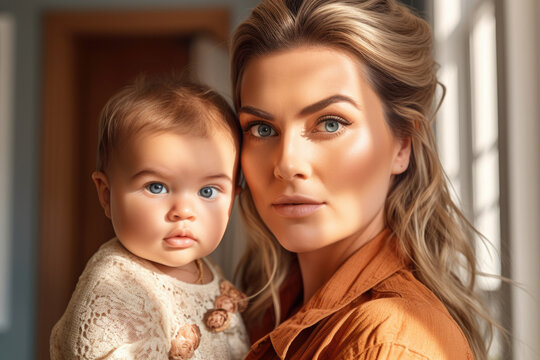 Generative AI image portrait of mother with long blond hair holding adorable baby daughter in sweater while standing in light room and looking at camera