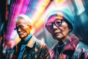 Generative AI illustration of serious elderly Asian woman and man in eyeglasses and warm clothes standing near illuminated building with neon signboards on street