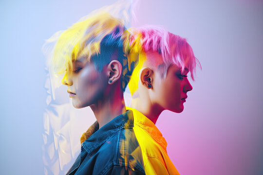 Generative AI illustration of calm young women with bright colorful hair in stylish outfits standing back to each other and looking down against gradient background in neon light