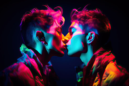Generative AI illustration of eccentric Asian men kissing each other with closed eyes in dark studio illuminated by bright neon lamps