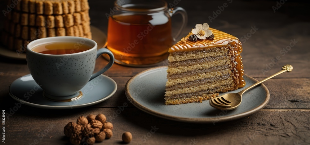 Poster Honey cake prepared from scratch and a cup of Joe Generative AI