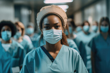 AI generated image of confident African American female in medical mask and uniform looking at camera while standing on blurred background of colleagues in hospital