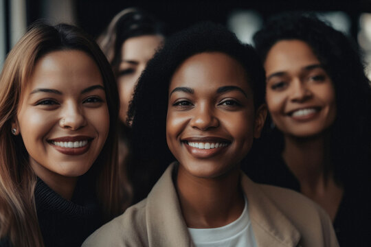AI generated image of positive young women with dark hair smiling and looking at camera dark room against blurred background
