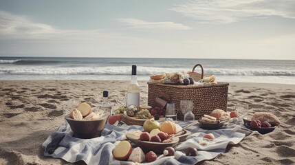 Fototapeta na wymiar Picnic on the beach with a basket of food, generative ai