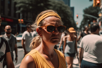 Woman in the street in summer with a lot of heat. Temperature records. Generate by ai