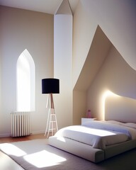 a bright and modern bedroom in a modern bell tower, bell-shaped furniture form, white, black, beige tones and volumetric lightning - generative ai