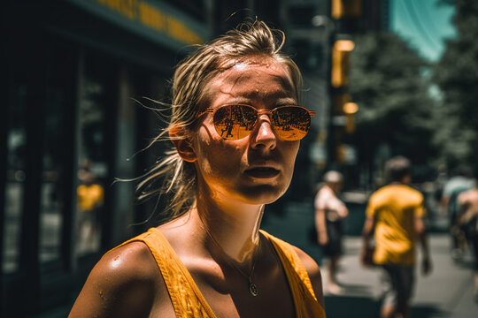 Woman in the street in summer with a lot of heat. Temperature records. Generate by ai