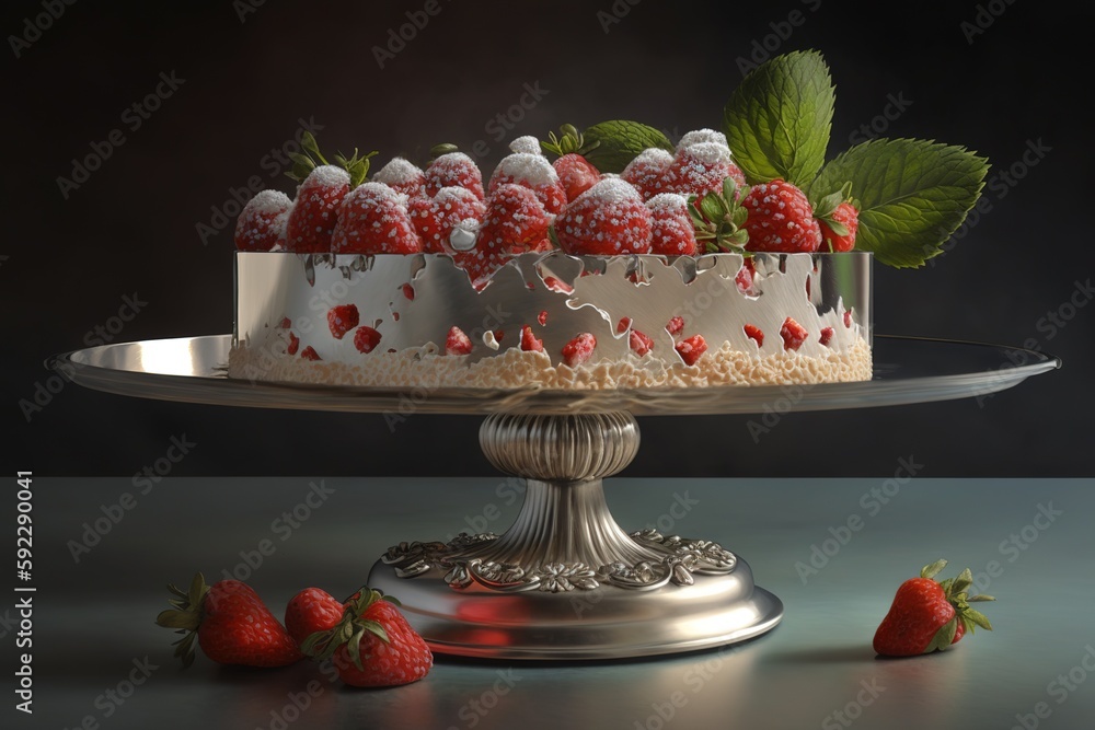 Poster side view of a cake with strawberries and crumbs on silver tray generative ai