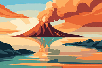 Volcano eruption, volcano with lava, vector illustration, cartoon presentation style. Modern vector illustration