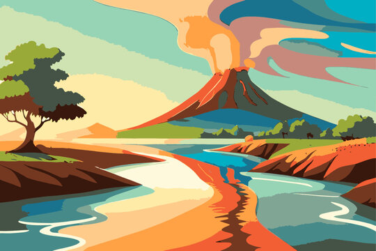 Volcano eruption, volcano with lava, vector illustration, cartoon presentation style. Modern vector illustration