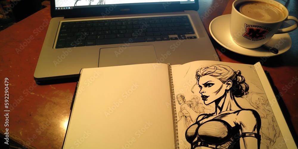 Aufkleber keeping a sketchbook next to your computer and a cup of coffee is essential. generative ai