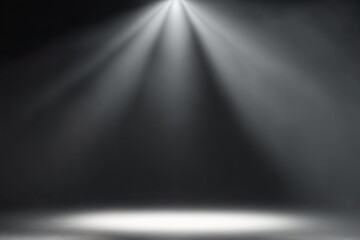 Illuminated gold spotlight rays on stage on black background for overlay design