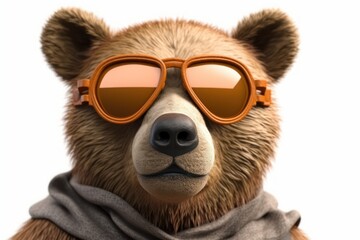 Fototapeta premium Funny cartoon bear with sunglasses isolated on white background, Generative AI