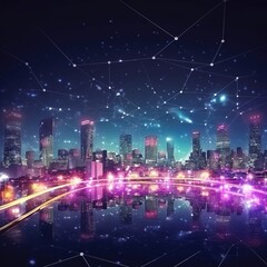 Fototapeta na wymiar Network and Connection technology night city background at business center and Wireless skyline connection with energy light infographic. generative ai