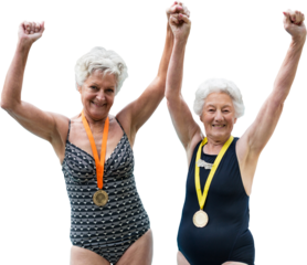 Portrait of senior female swimmers with medals