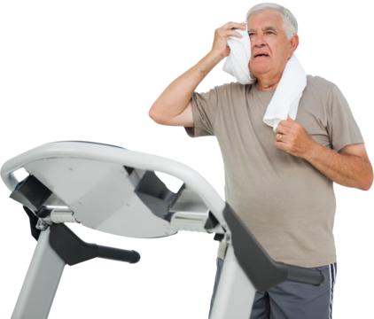 Tired senior man running on a treadmill - Powered by Adobe