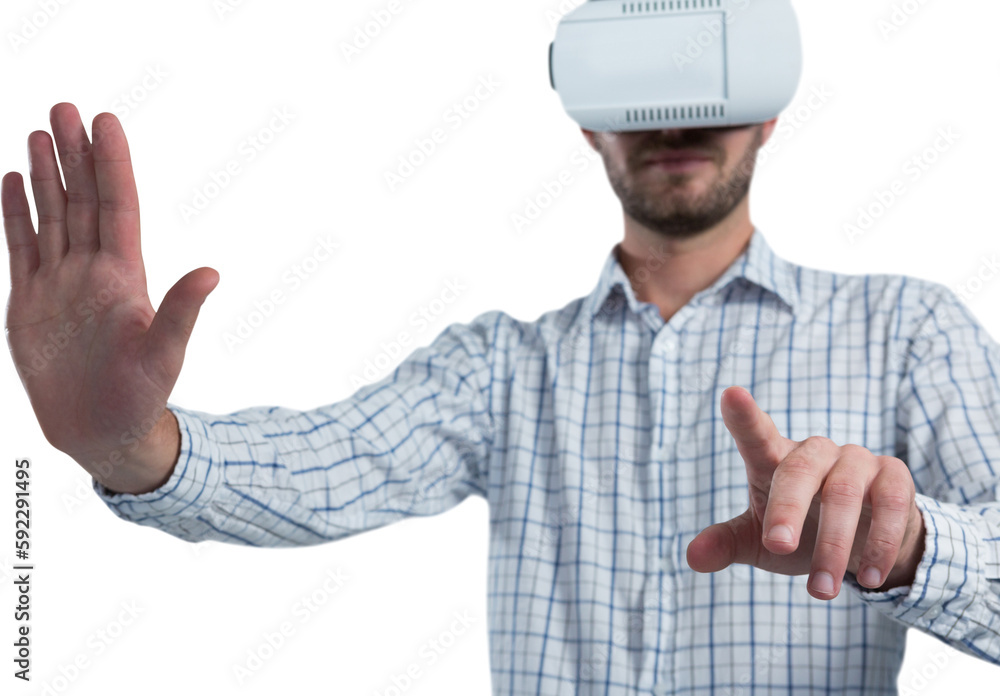 Poster man gesturing while using virtual reality headset