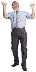 Businessman posing with arms raised