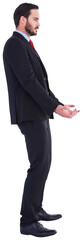 Unsmiling businessman holding something with his hands
