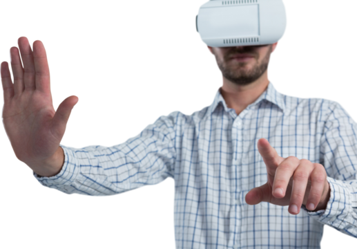 Man gesturing while using virtual reality headset