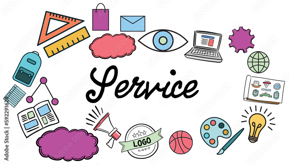 Poster service text surrounded by various colorful vector icons