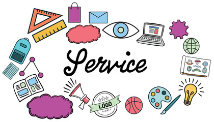 Service text surrounded by various colorful vector icons