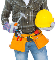 Manual worker wearing tool belt while holding hammer and helmet