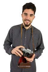 Casual man holding his camera