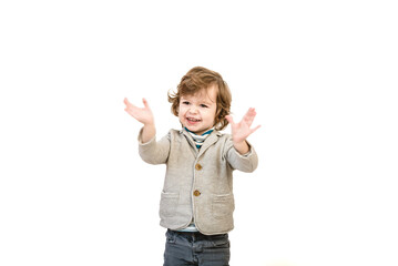 Close-up portrait of child lovely sweet curious cheerful cheery smart clever boy fantasize copy space isolated white color background