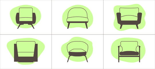 Comfortable armchair icons set. Vector illustration in flat style.