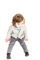 Close-up portrait of child lovely sweet curious cheerful cheery smart clever boy fantasize copy space isolated white color background