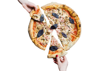 People take a piece of freshly baked pizza.  Isolated, transparent background