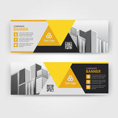 Yellow and Black color abstract corporate business banner template, horizontal advertising business banner layout template for website design
